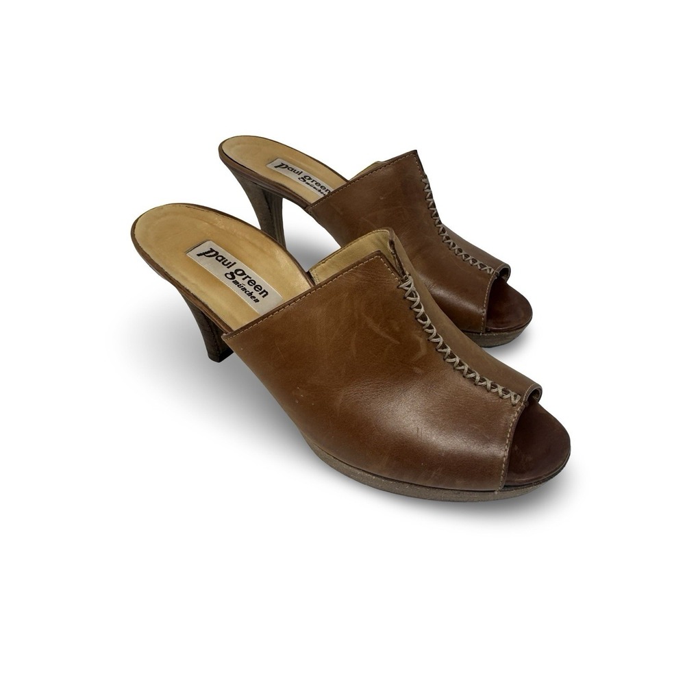 PAUL GREEN Munchen UK 5 US 7.5 Brown Open Toe Mules Slide Heels Slip On Leather